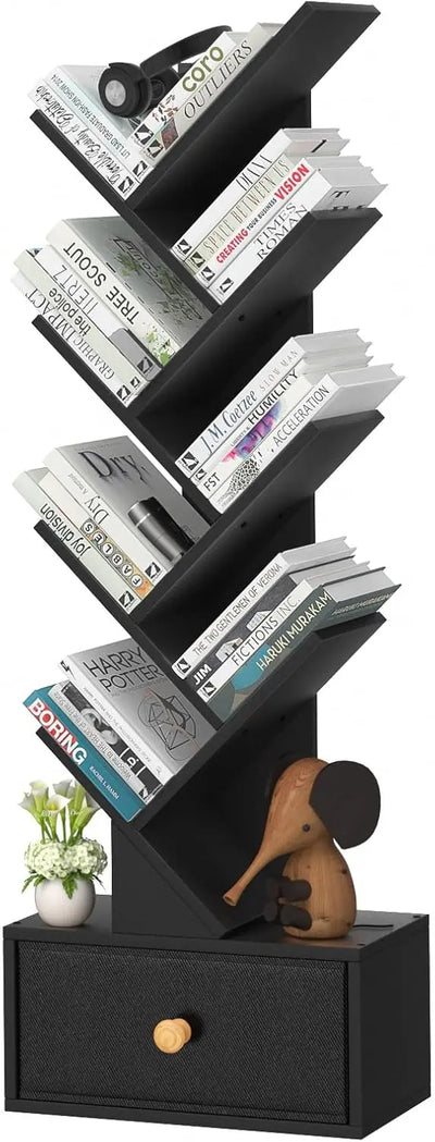 8 Tier Tree Bookshelf with Drawer, Free Standing Wood Bookcase for Living Room, Bedroom, Home Office, Space Saving Storage Organizer Bookshelves for Books, CDs, Vinyl Records- Black - Ikimsoft