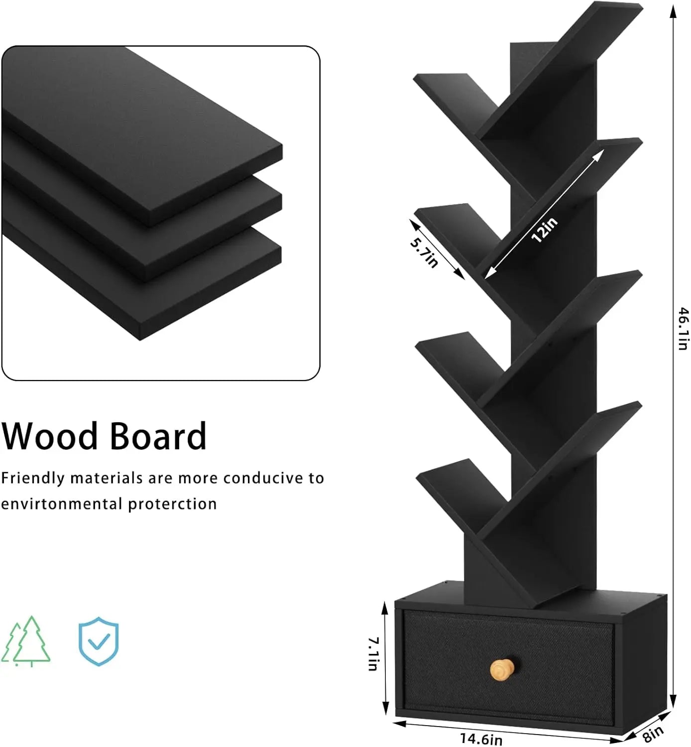 8 Tier Tree Bookshelf with Drawer, Free Standing Wood Bookcase for Living Room, Bedroom, Home Office, Space Saving Storage Organizer Bookshelves for Books, CDs, Vinyl Records- Black - Ikimsoft