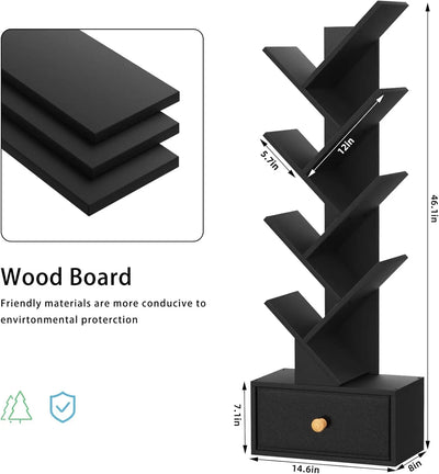 8 Tier Tree Bookshelf with Drawer, Free Standing Wood Bookcase for Living Room, Bedroom, Home Office, Space Saving Storage Organizer Bookshelves for Books, CDs, Vinyl Records- Black - Ikimsoft