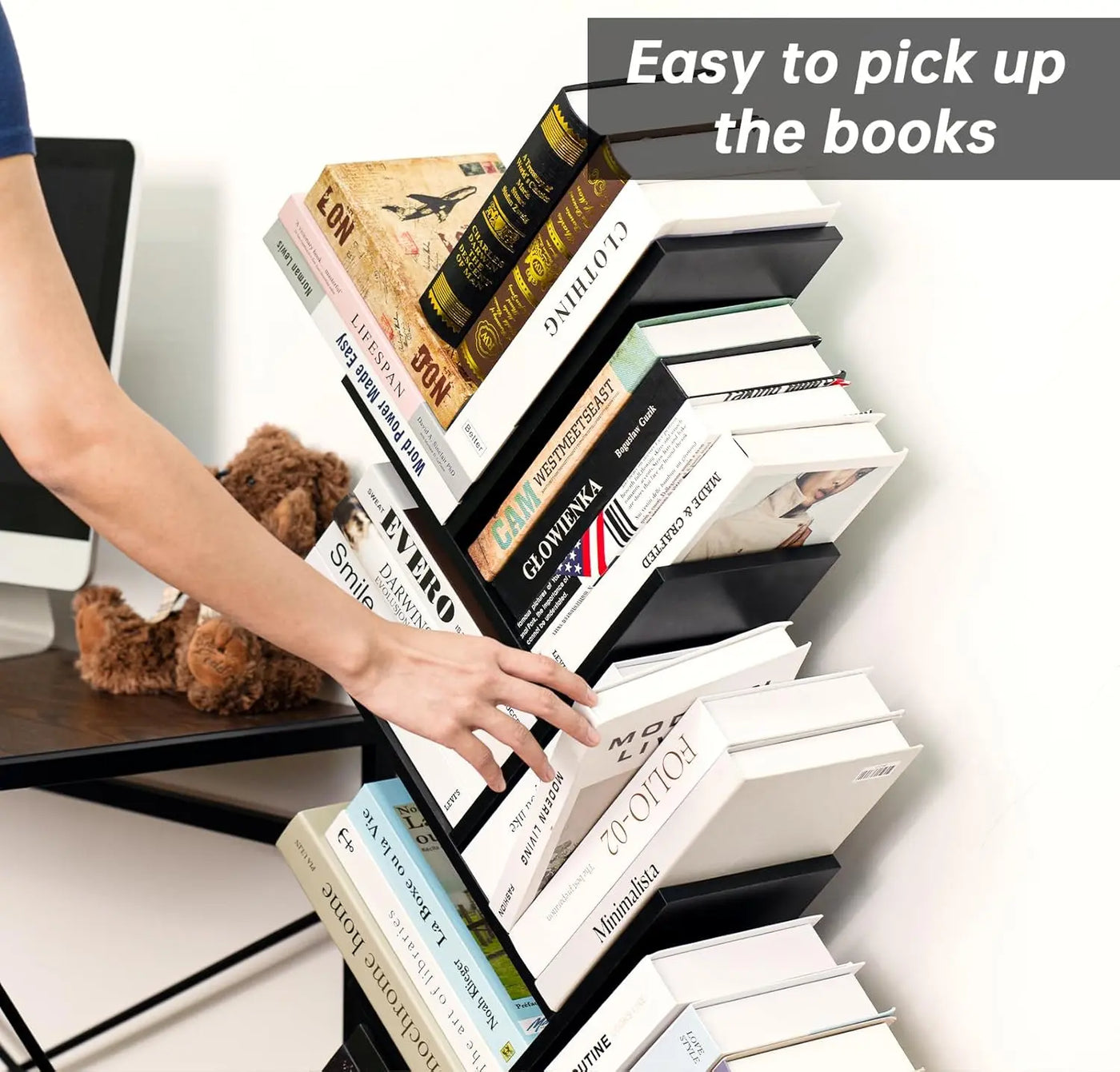8 Tier Tree Bookshelf with Drawer, Free Standing Wood Bookcase for Living Room, Bedroom, Home Office, Space Saving Storage Organizer Bookshelves for Books, CDs, Vinyl Records- Black - Ikimsoft