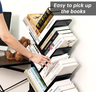 8 Tier Tree Bookshelf with Drawer, Free Standing Wood Bookcase for Living Room, Bedroom, Home Office, Space Saving Storage Organizer Bookshelves for Books, CDs, Vinyl Records- Black - Ikimsoft
