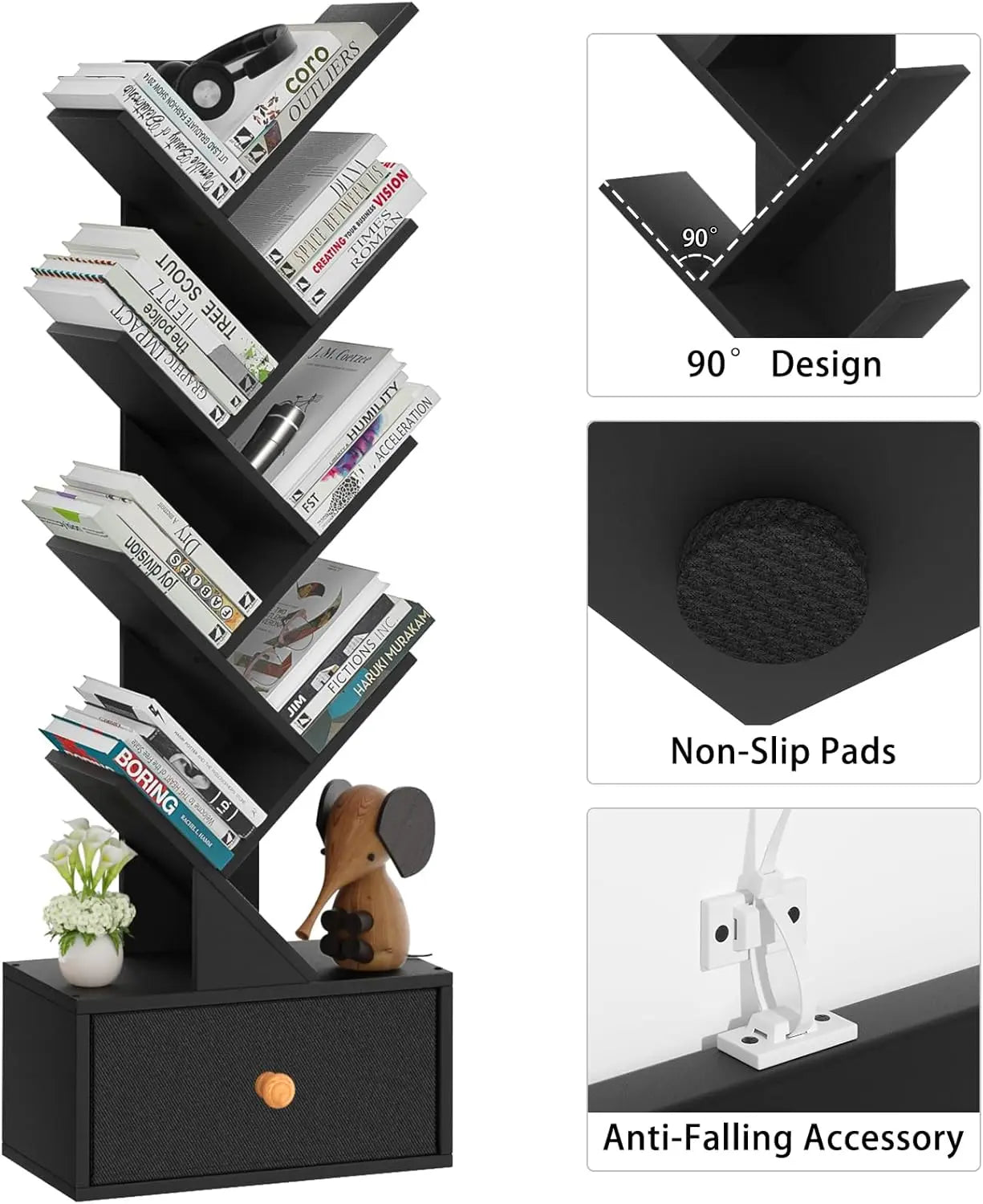 8 Tier Tree Bookshelf with Drawer, Free Standing Wood Bookcase for Living Room, Bedroom, Home Office, Space Saving Storage Organizer Bookshelves for Books, CDs, Vinyl Records- Black - Ikimsoft