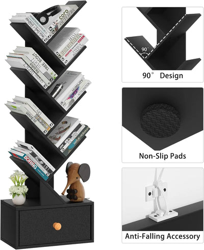 8 Tier Tree Bookshelf with Drawer, Free Standing Wood Bookcase for Living Room, Bedroom, Home Office, Space Saving Storage Organizer Bookshelves for Books, CDs, Vinyl Records- Black - Ikimsoft