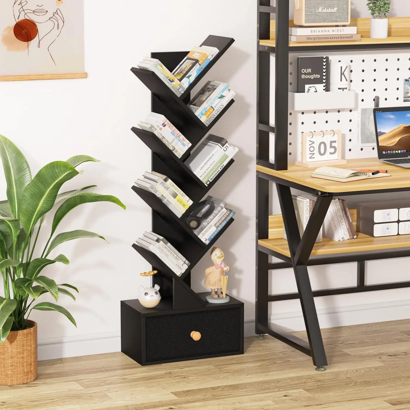 8 Tier Tree Bookshelf with Drawer, Free Standing Wood Bookcase for Living Room, Bedroom, Home Office, Space Saving Storage Organizer Bookshelves for Books, CDs, Vinyl Records- Black - Ikimsoft