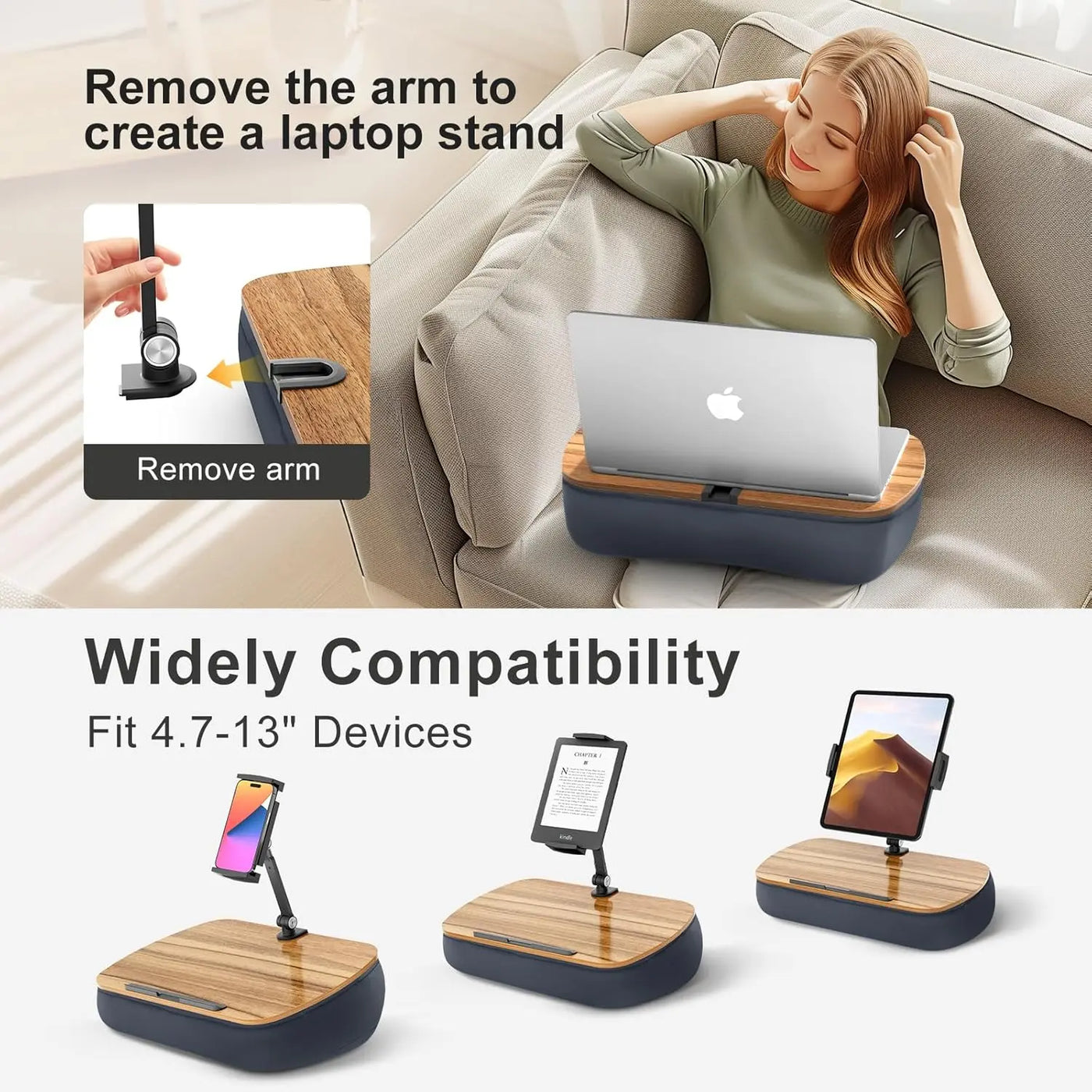 Kindle Pillow Stand for Bed – Lap Beanbag with Adjustable Arm, 360° Tablet Holder, Fits 4.7”-13” Kindle, iPad, Phone, Lap Desk for Hands-Free Reading on Bed, Couch & Sofa, Gray - Ikimsoft