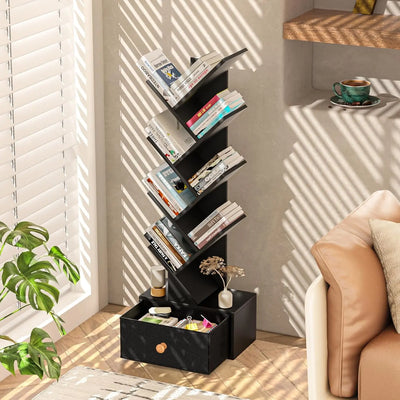 8 Tier Tree Bookshelf with Drawer, Free Standing Wood Bookcase for Living Room, Bedroom, Home Office, Space Saving Storage Organizer Bookshelves for Books, CDs, Vinyl Records- Black - Ikimsoft