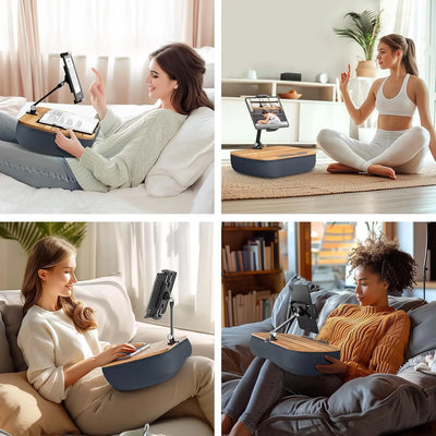 Kindle Pillow Stand for Bed – Lap Beanbag with Adjustable Arm, 360° Tablet Holder, Fits 4.7”-13” Kindle, iPad, Phone, Lap Desk for Hands-Free Reading on Bed, Couch & Sofa, Gray - Ikimsoft