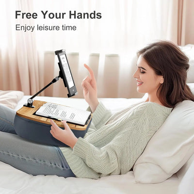 Kindle Pillow Stand for Bed – Lap Beanbag with Adjustable Arm, 360° Tablet Holder, Fits 4.7”-13” Kindle, iPad, Phone, Lap Desk for Hands-Free Reading on Bed, Couch & Sofa, Gray - Ikimsoft
