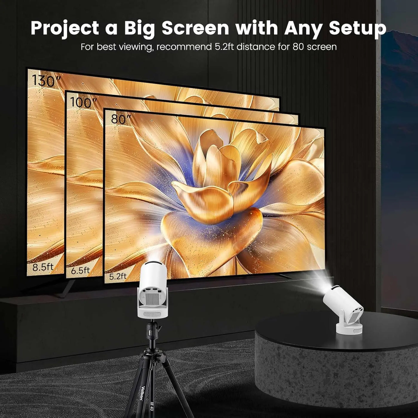 Mini Portable Projector with Wifi6 and Bluetooth, 4K Projector Support 5w Sound Base Speaker, 160 ANSI, Android 11, Auto Vertical Keystone 210°Rotatable Proyector for Home Bedroom Outdoor HY300 ULTRA