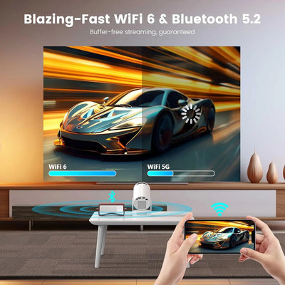 Mini Portable Projector with Wifi6 and Bluetooth, 4K Projector Support 5w Sound Base Speaker, 160 ANSI, Android 11, Auto Vertical Keystone 210°Rotatable Proyector for Home Bedroom Outdoor HY300 ULTRA